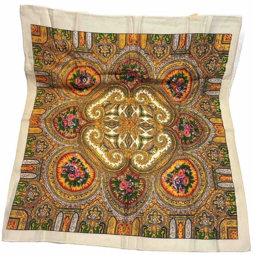 Scarf Wrap Throw Black Paisley Hippie Boho Vtg 1970 Glentex 70s Hearts